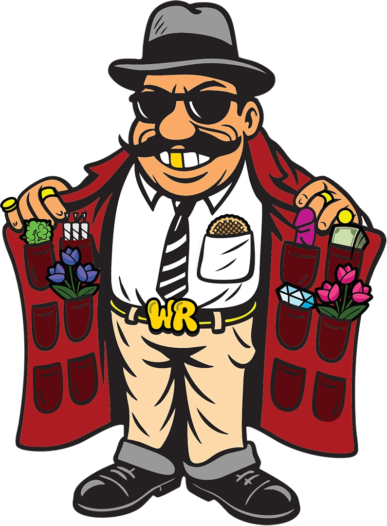 WoobieRoll mascot opening his coat full of goods